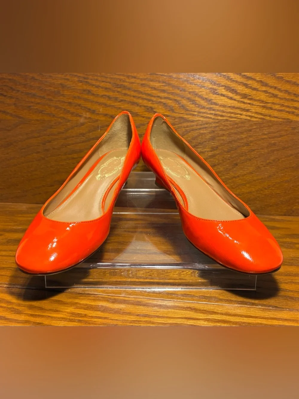 ELIE TAHARI Orange Patent Leather Scalloped Collar Demi Wedge Heels EU 37.5 US 7